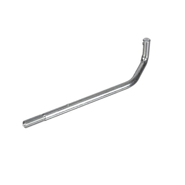 A silver bent metal rod with a nut on the end.