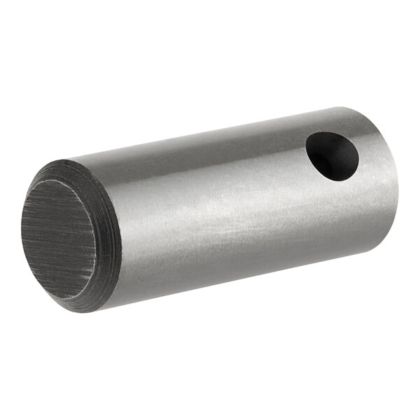 A stainless steel cylindrical pin with a hole in it.