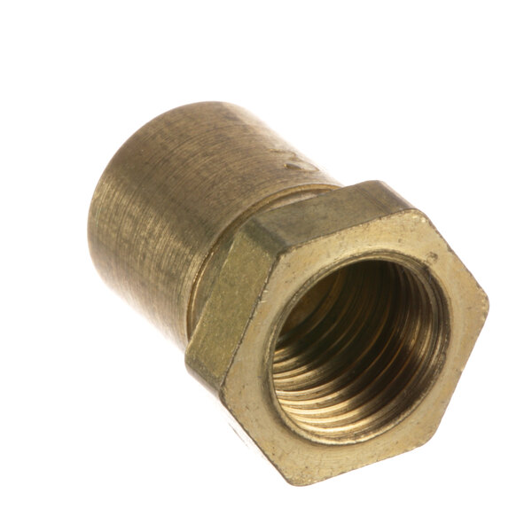 A close-up of a brass threaded nut.