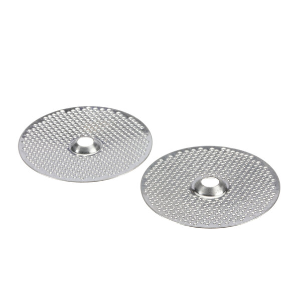 A pair of stainless steel circular metal discs with holes.