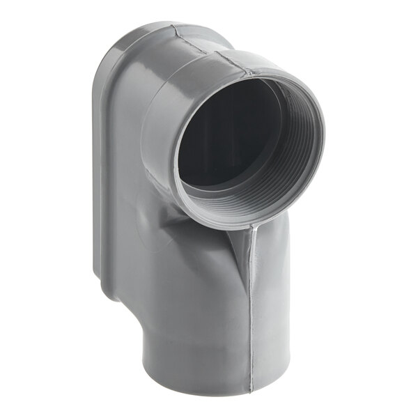 A grey plastic Hussmann Trap-Drain pipe with a hole in it.