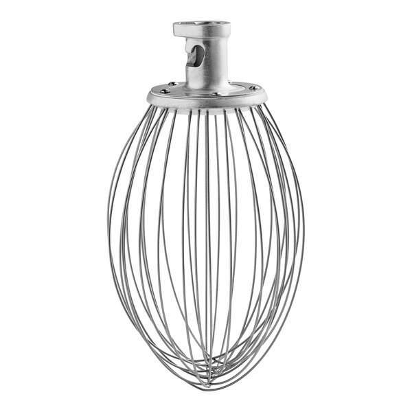 A Hobart 30 Qt stainless steel wire whip.