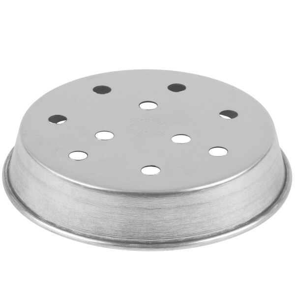 An American Metalcraft tin-plated steel pizza pan with perforated holes.