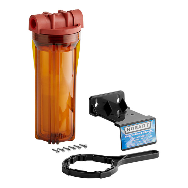 A Hobart water filter unit with a metal clip and plastic bottle.