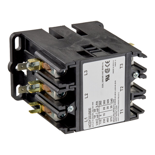 A black and metallic electrical contactor with multiple terminals and a labeled specification plate on the side.