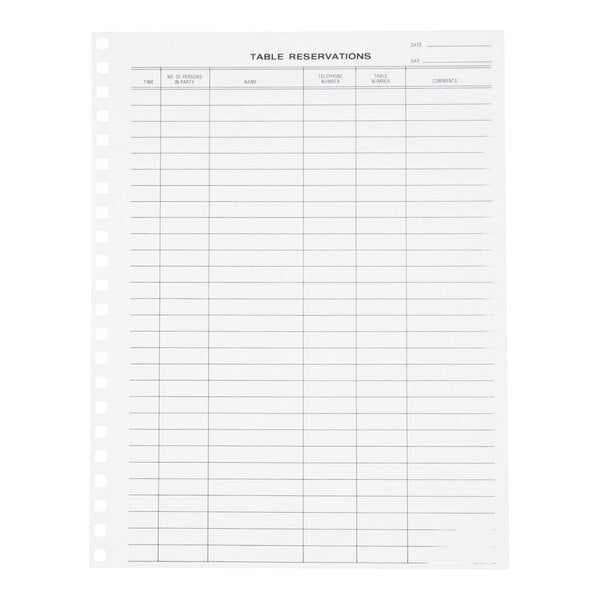 A pack of 50 replacement sheets for a restaurant reservation book, each sheet featuring columns for time, party size, name, telephone number, table number, and comments.