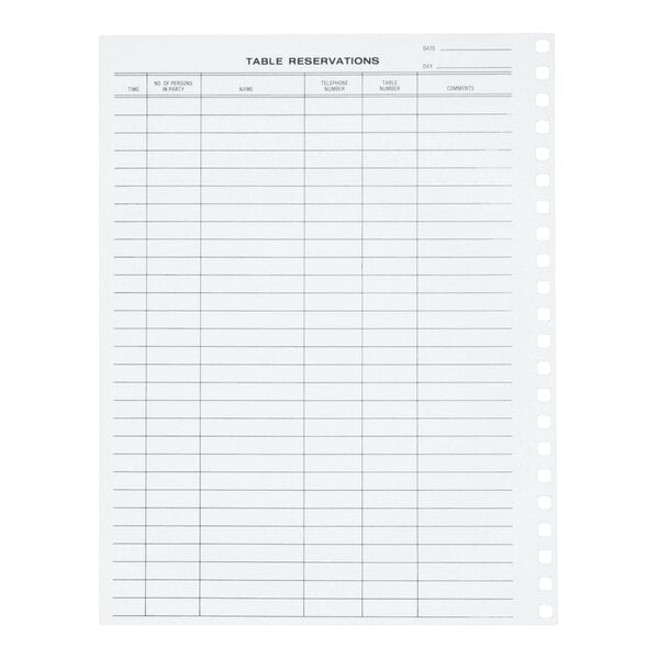 A pack of 50 replacement sheets for a table reservation book, featuring columns for time, party size, name, telephone number, table number, and comments.