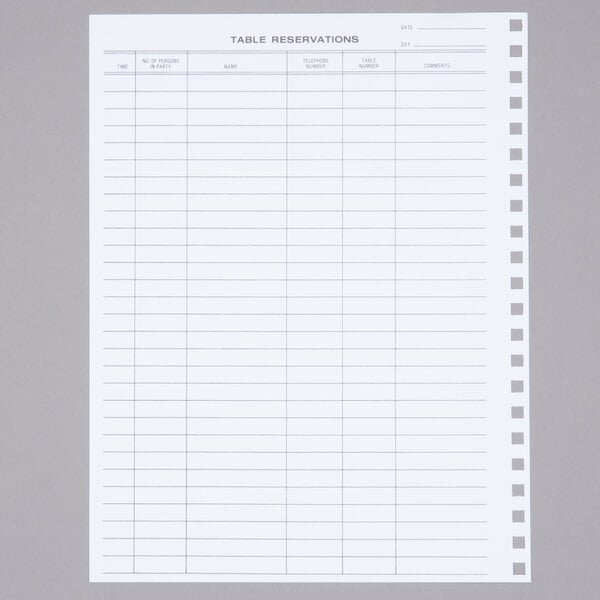 Menu Solutions reservation book replacement sheets with lines and numbers.