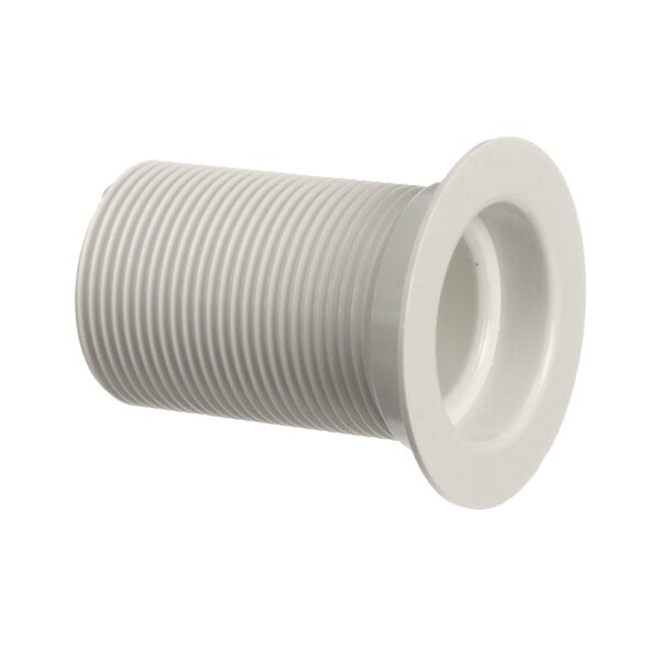 A close-up of a white plastic pipe fitting with a hole.