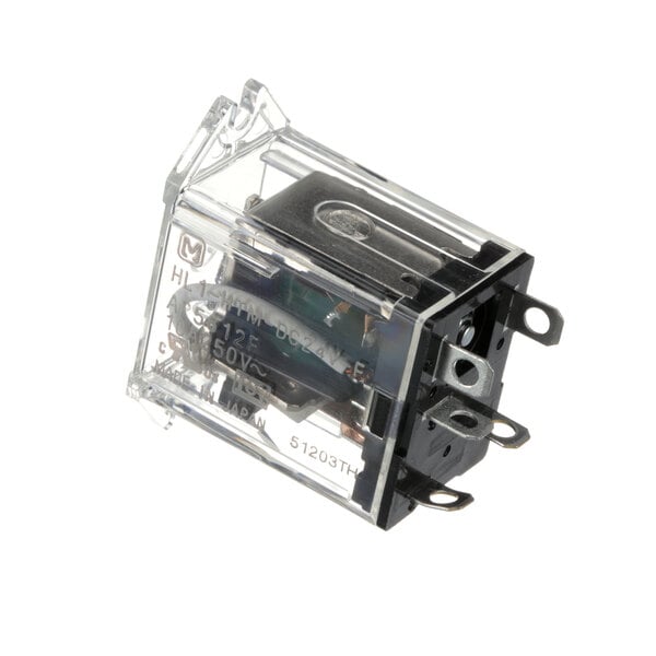 A clear plastic box containing a black and silver Hilliard's Chocolate System Relay with numbers and a wire.