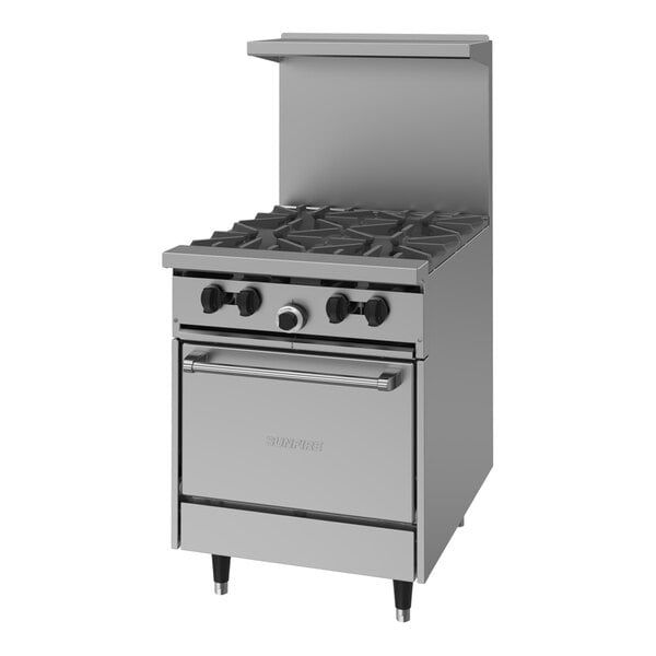 A stainless steel commercial gas range with four burners and a space saver oven.