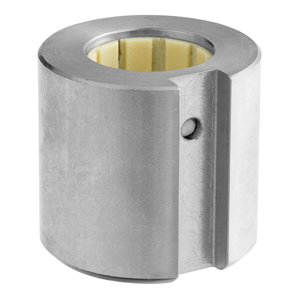 A stainless steel Hobart bowl lock and bushing assembly with a yellow ring.