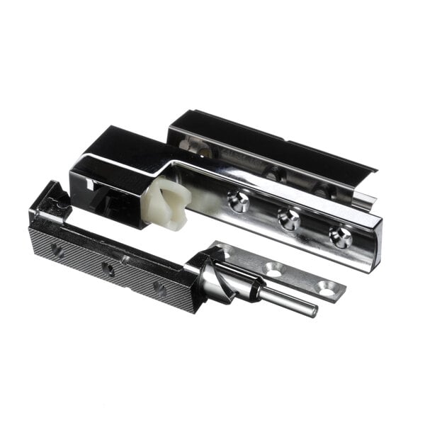 A pair of black and silver metal Piper Products self closing hinges with holes in the metal parts.