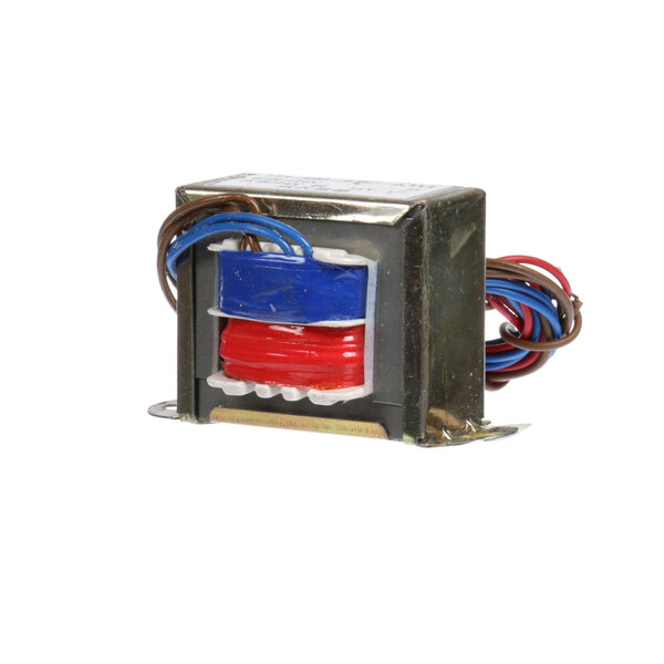 A close-up of a Donper America transformer with red and blue wires.