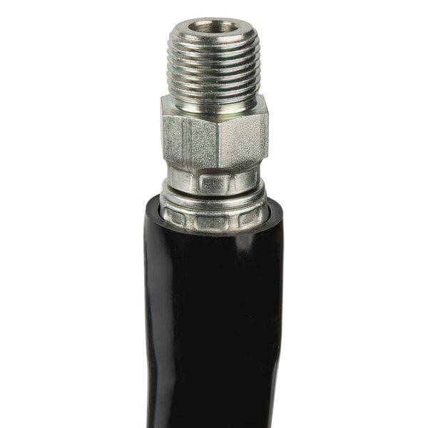 A close-up of a black and silver T&S hose with a threaded end.