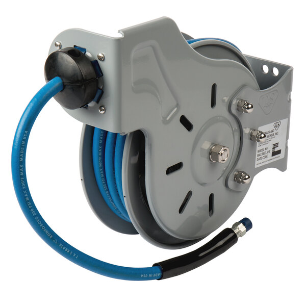 A T&S hose reel with a blue hose attached.