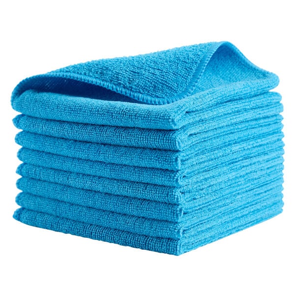 A stack of blue Rubbermaid microfiber towels.