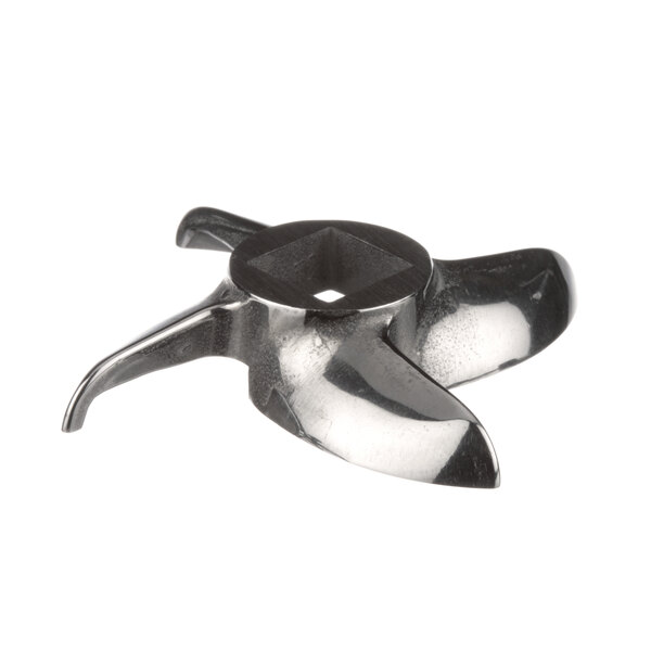 A silver metal propeller blade with a square hole.