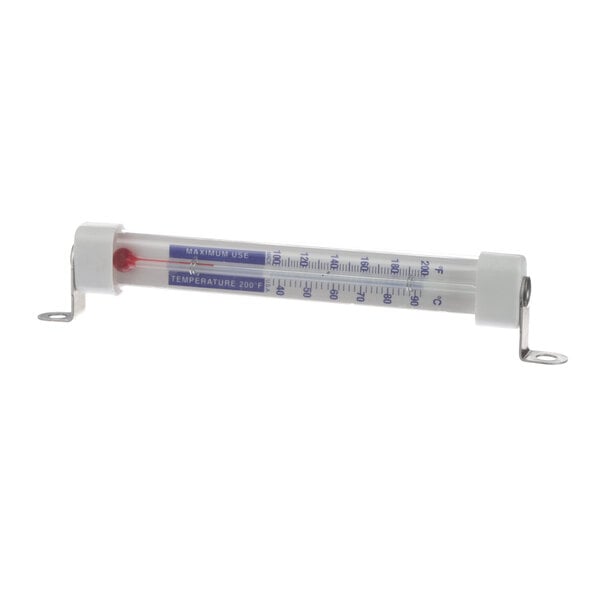 A close-up of a Wisco Industries thermometer with a red and blue cap.