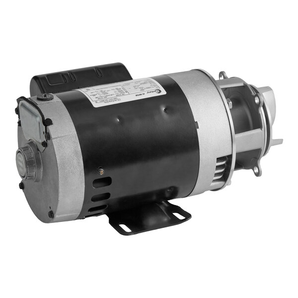 A cylindrical metallic pump assembly with a black and silver finish, mounting base, and visible label on top.