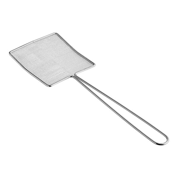 A silver square mesh strainer with a handle.