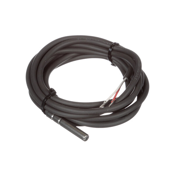 A close-up of a black cable with a red and white cable.