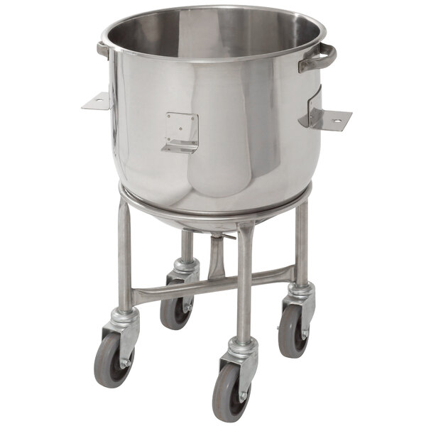 A stainless steel Doyon mixer bowl dolly with wheels.