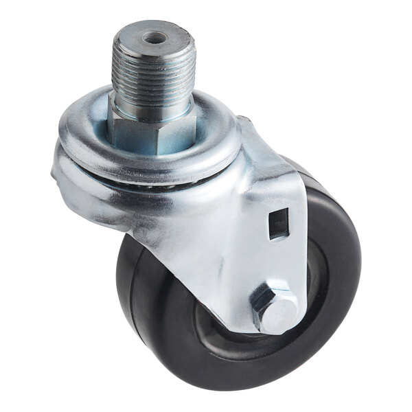 A close-up of a Hobart black and metal wheel caster.