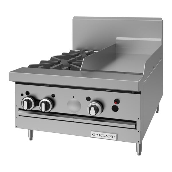 A commercial stainless steel range with two burners, a 12-inch griddle, and front control knobs.