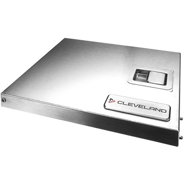 A silver rectangular Cleveland door with a logo on it.
