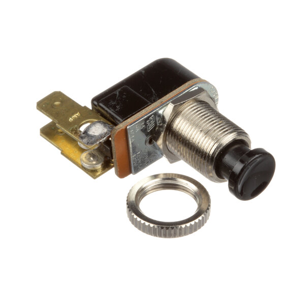 A close-up of a black and silver Newco Start Switch with a metal ring.
