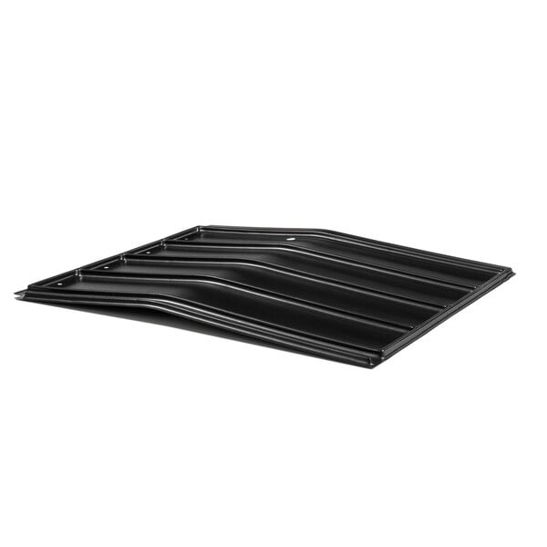 A black metal tray with a curved edge and four rows of black plastic.