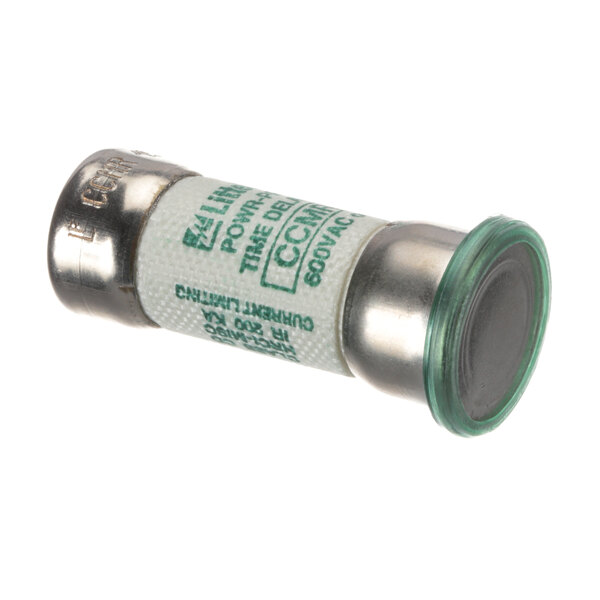 A close-up of a green and silver Electro-Steam Generator Corp. electrical fuse.