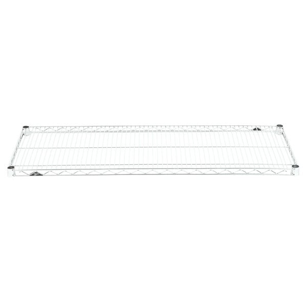 A stainless steel Metro wire shelf with metal bars on a white background.