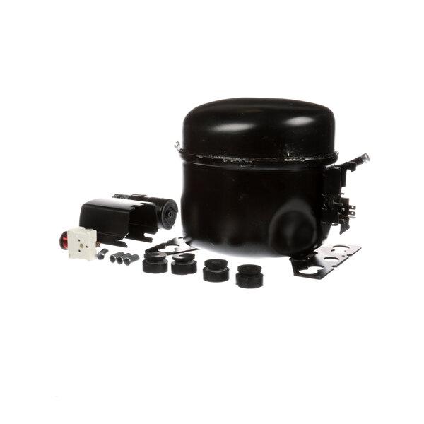 A black Criotec Danfoss compressor with parts.