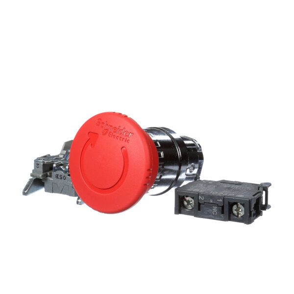 A close-up of a red Chicago Dryer mushroom stop button with a red circle on it.