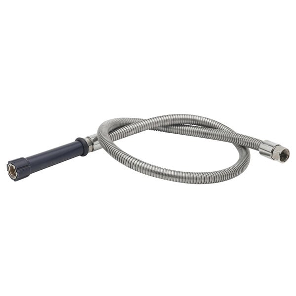 A flexible stainless steel hose with a black handle.