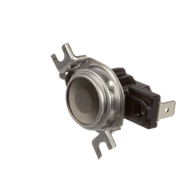 A close-up of a black metal World Dryer thermostat.