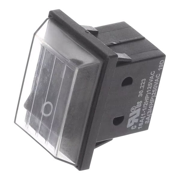 A black electrical switch with a clear cover.