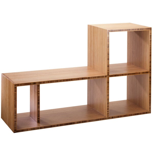 A wooden display riser with two shelves.