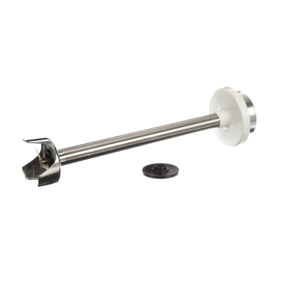 A stainless steel metal rod with a black plastic disc on the end.