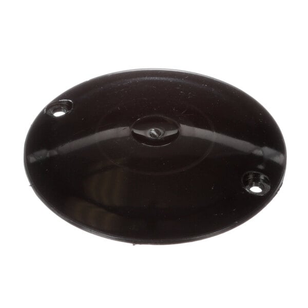 A black plastic round plate with holes.