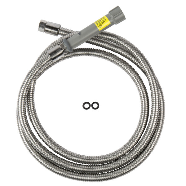 A T&S stainless steel flexible hose with a yellow label.