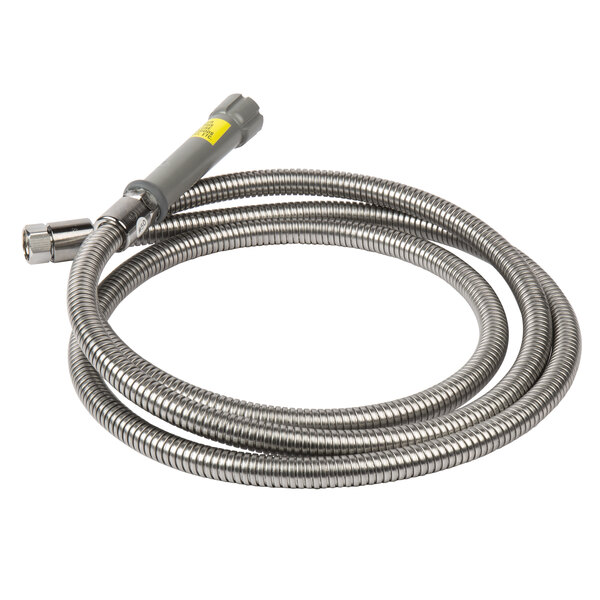 A 108" stainless steel flexible hose with metal fittings.
