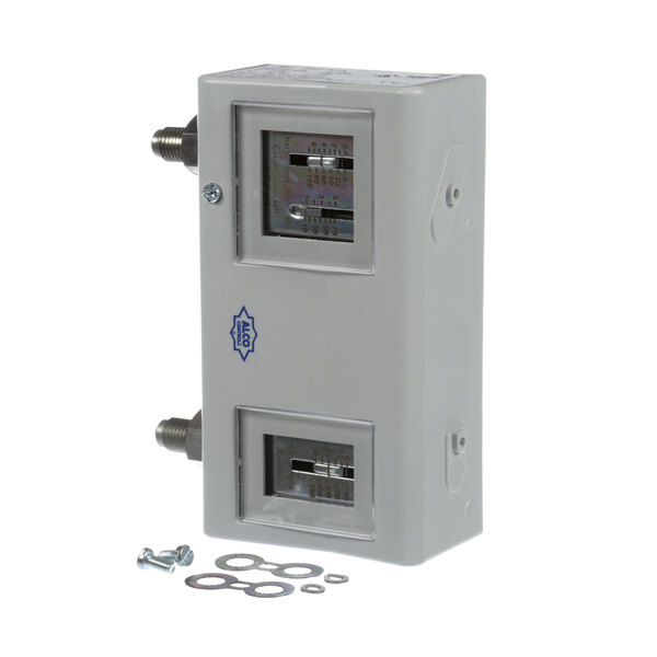A white box with a metal panel with two rectangular holes.