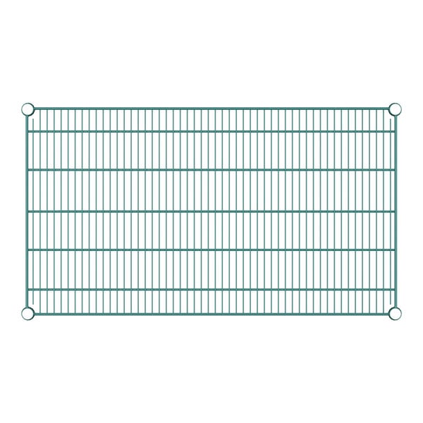 A close-up of a green wire mesh shelf on a white background.
