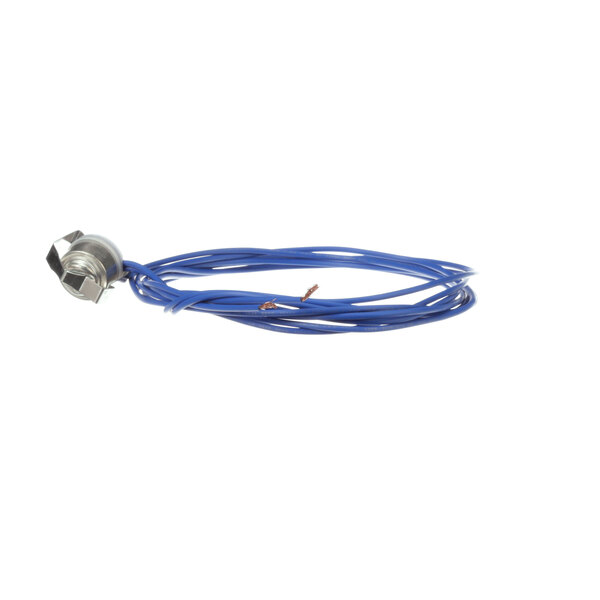 A Hussmann defrost termination switch with a blue wire and metal nut.