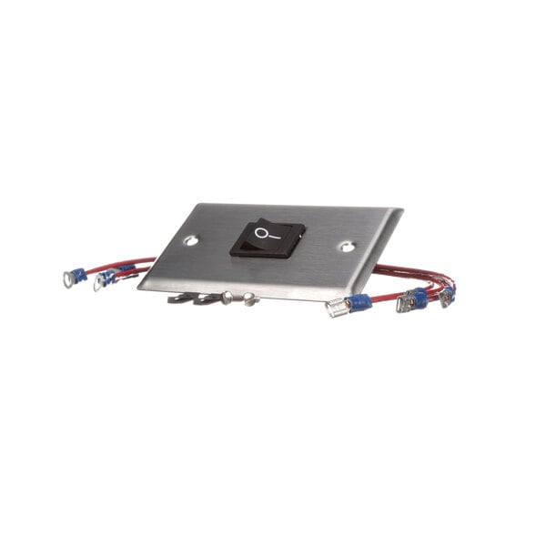 A silver metal Comtec rocker switch with red and blue wires.