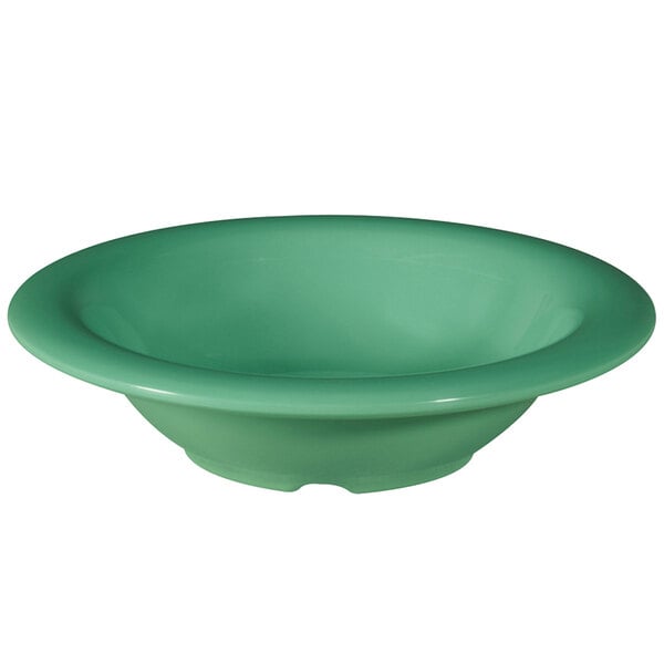 A close-up of a rainforest green GET Diamond Mardi Gras melamine bowl.