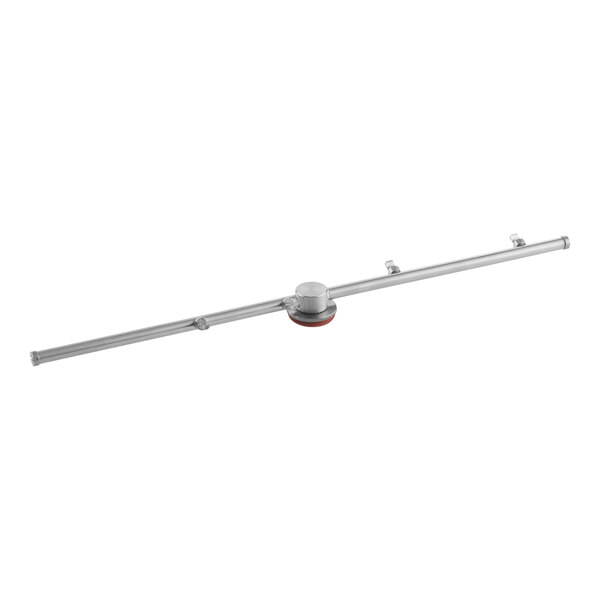 A long, straight metal rod with a central circular component and several small attachments along its length, photographed on a white background.